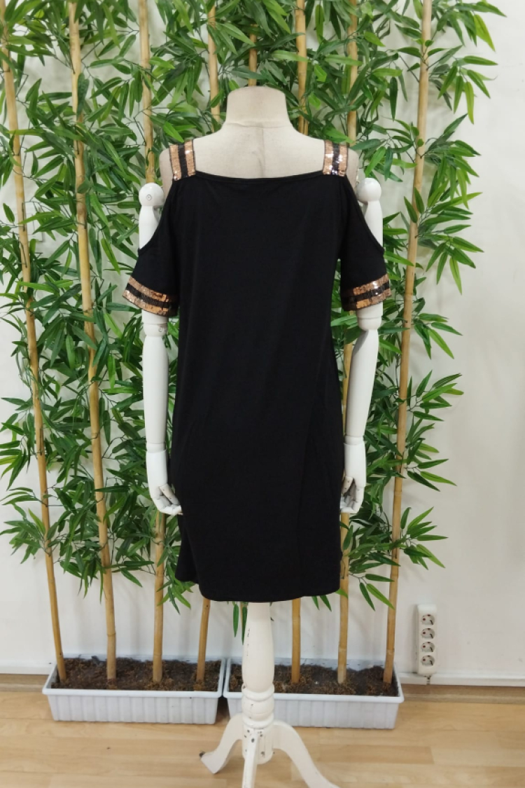 Women's Strappy V-Neck Off Shoulder Short Viscose Dress - Black