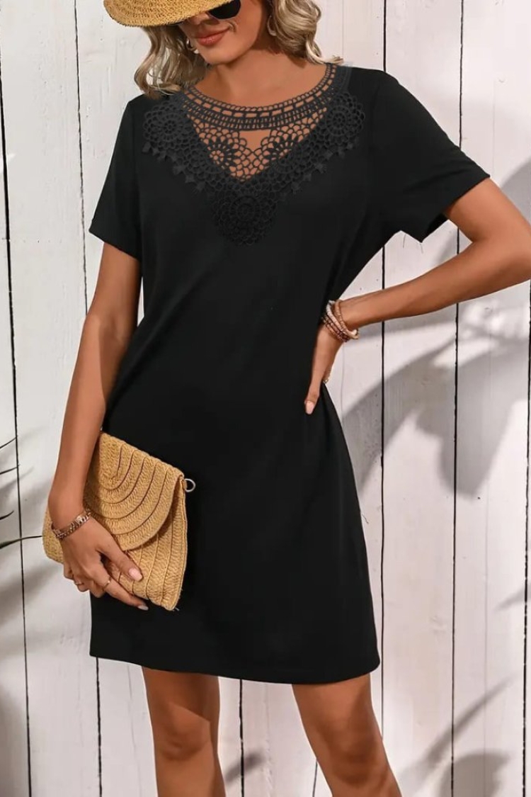 Women's Short Sleeve Lace Collar Short Viscose Dress - Black - Janes - Globality Store - Women Clothes Wholesale Turkey