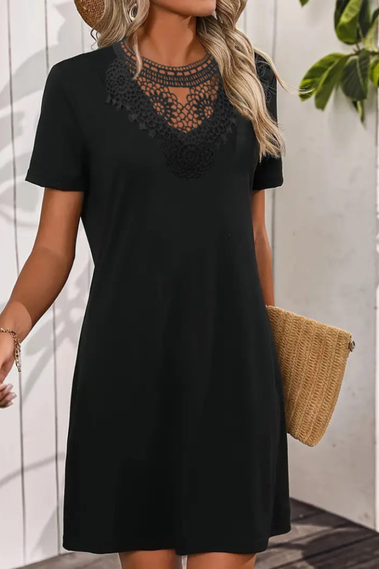 Women's Short Sleeve Lace Collar Short Viscose Dress - Black