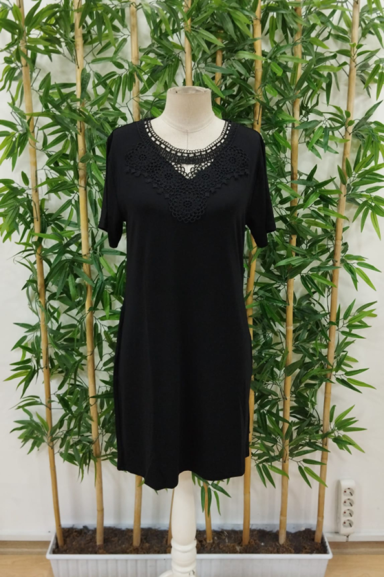 Women's Short Sleeve Lace Collar Short Viscose Dress - Black