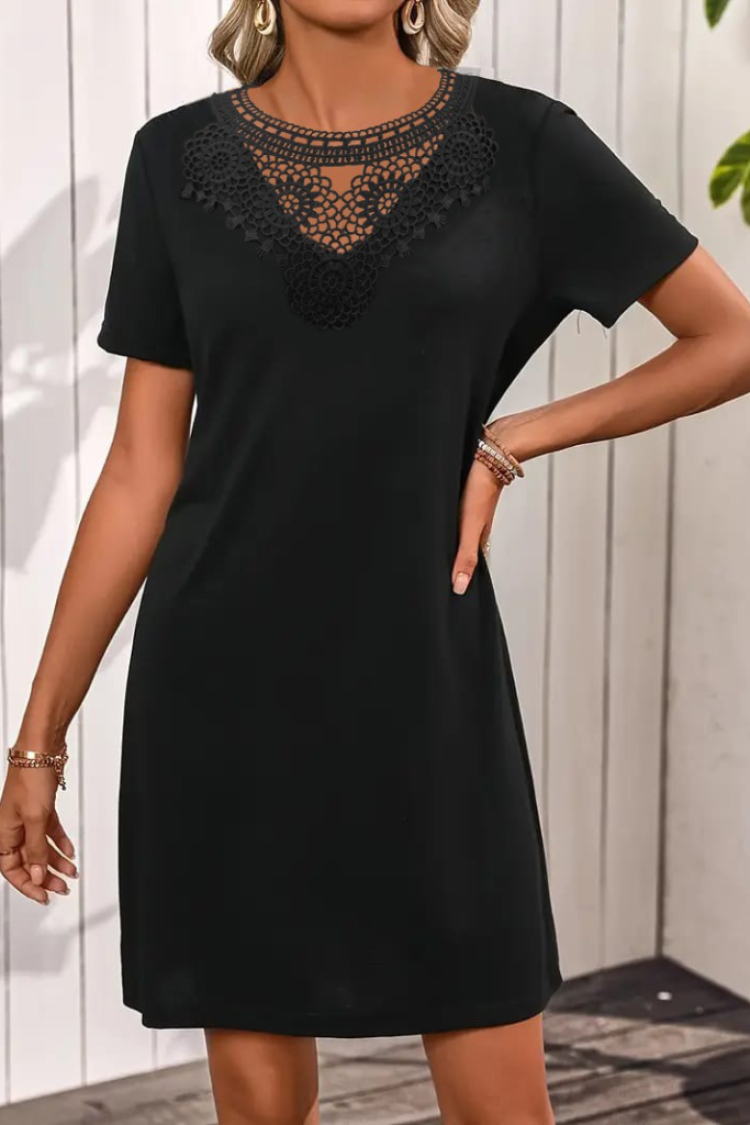 Women's Short Sleeve Lace Collar Short Viscose Dress - Black