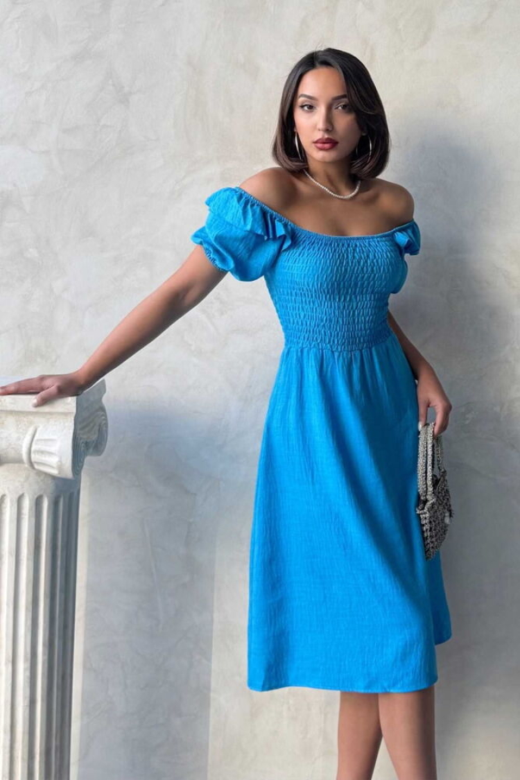 D2334 Gipeli Boat Neck Linen Dress - Dark - Topshow - Globality Store - Women Clothes Wholesale Turkey