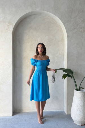 D2334 Gipeli Boat Neck Linen Dress - Dark - Topshow - Globality Store - Women Clothes Wholesale Turkey