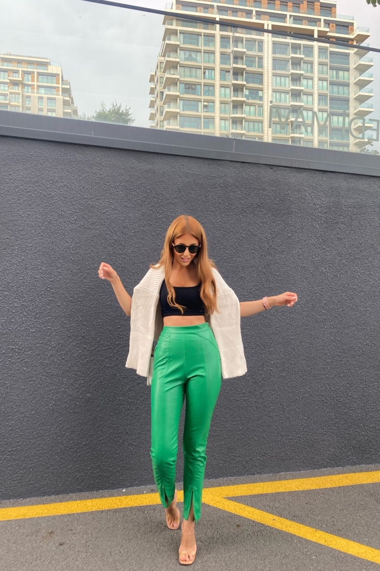 Green Leg Zipper Leather Pants