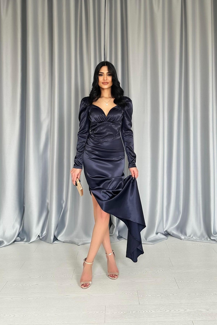 Chest Coupled Slit Dress - Navy - Elisa - Globality Store - Women Clothes Wholesale Turkey