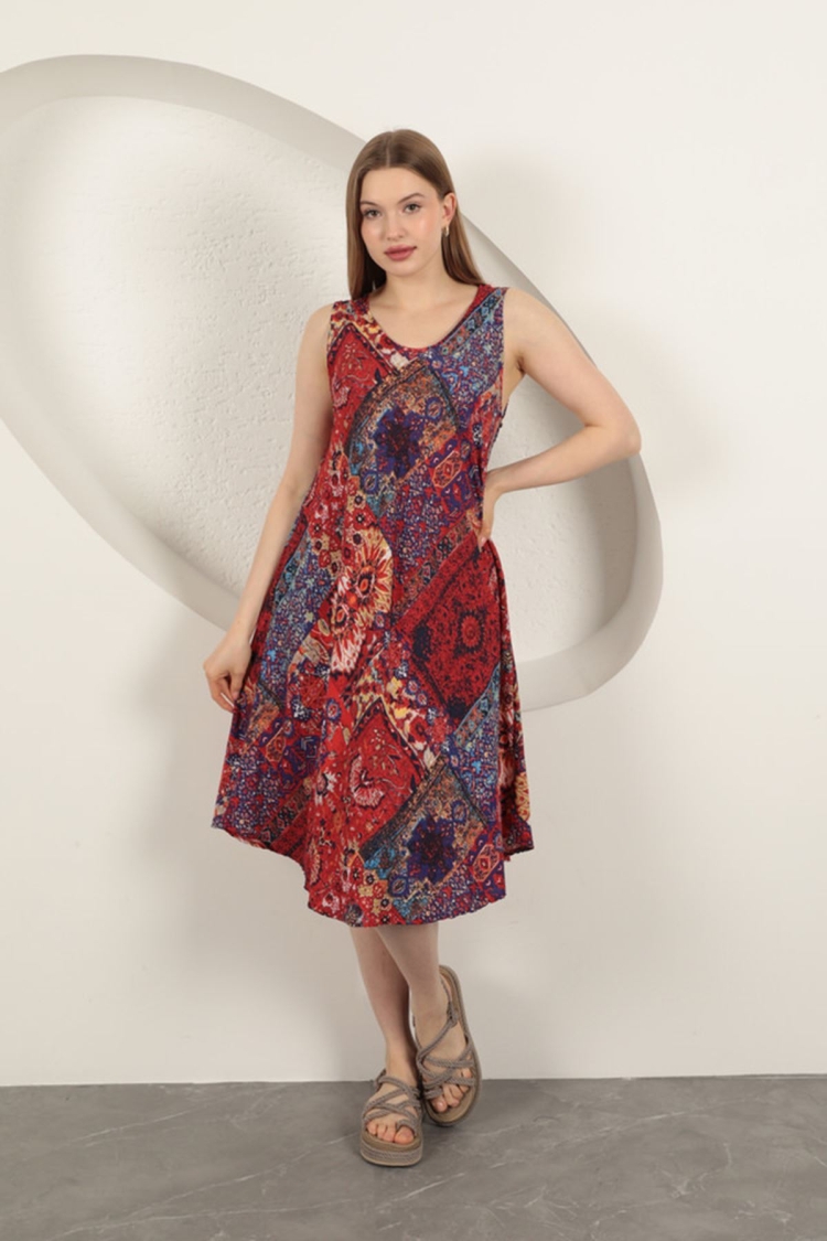 Viscose Fabric Ethnic Patterned Dress-red - Maxi Modena - Globality Store - Women Clothes Wholesale Turkey