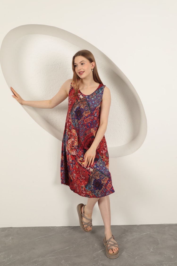 Viscose Fabric Ethnic Patterned Dress-red