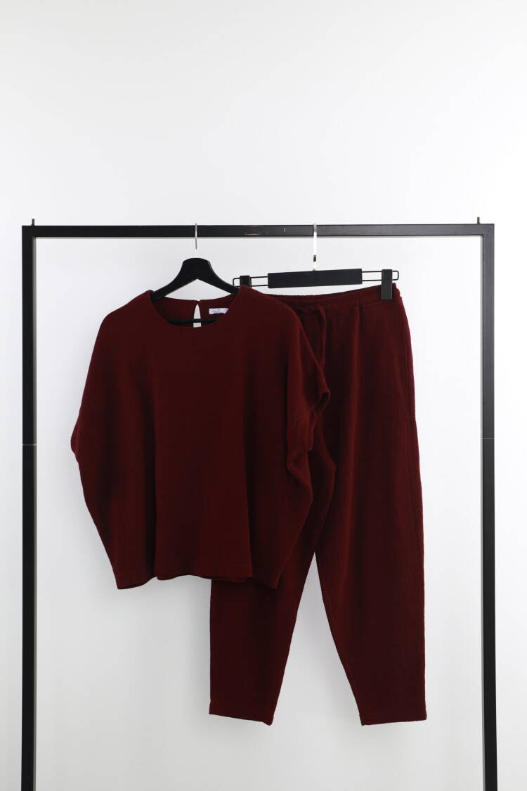 Short Sleeve Slippery Suit - Burgundy - Cream Rouge - Globality Store - Women Clothes Wholesale Turkey