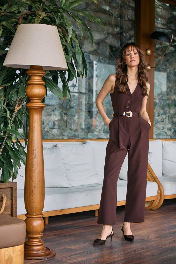 Jumpsuit With Belt - Brown - Cream Rouge - Globality Store - Women Clothes Wholesale Turkey