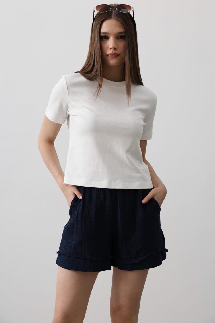 Elastic Waist Tassel Shorts - - Navy