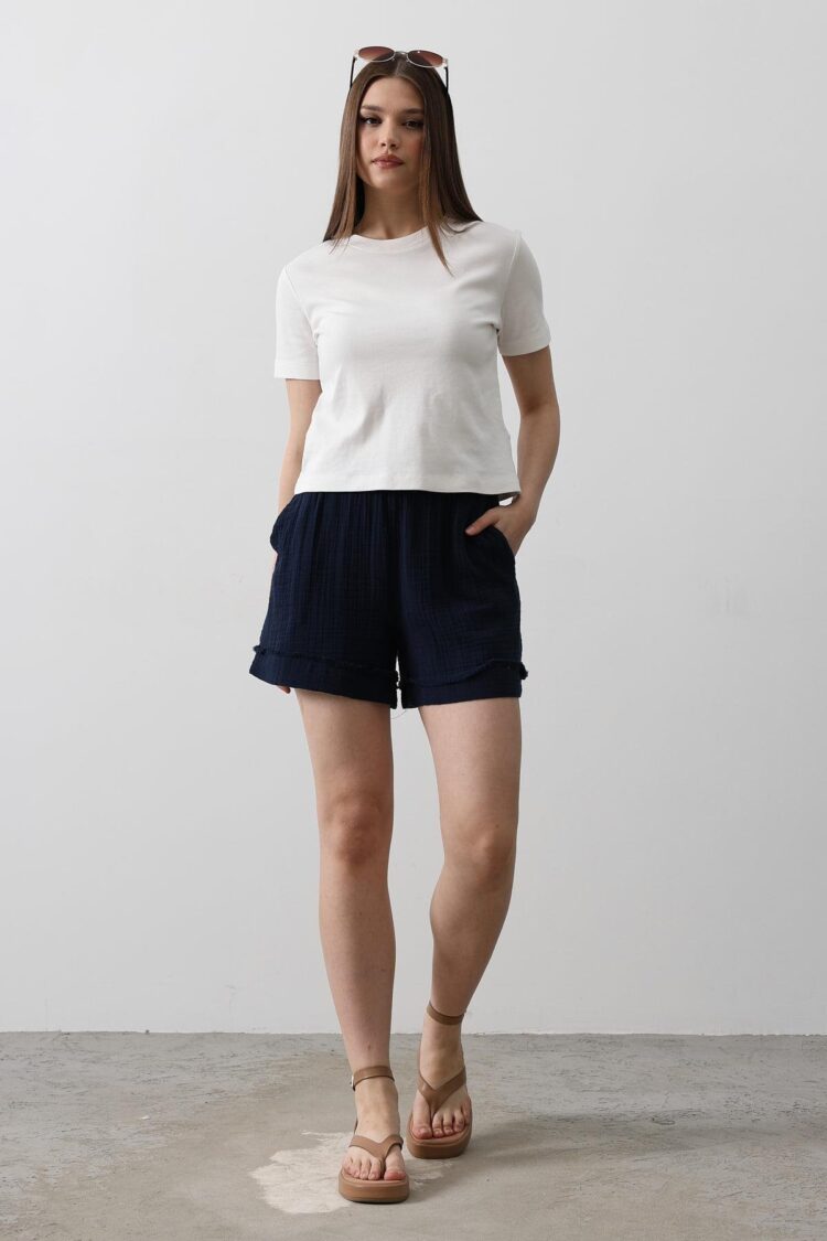 Elastic Waist Tassel Shorts - - Navy - Reyon - Globality Store - Women Clothes Wholesale Turkey