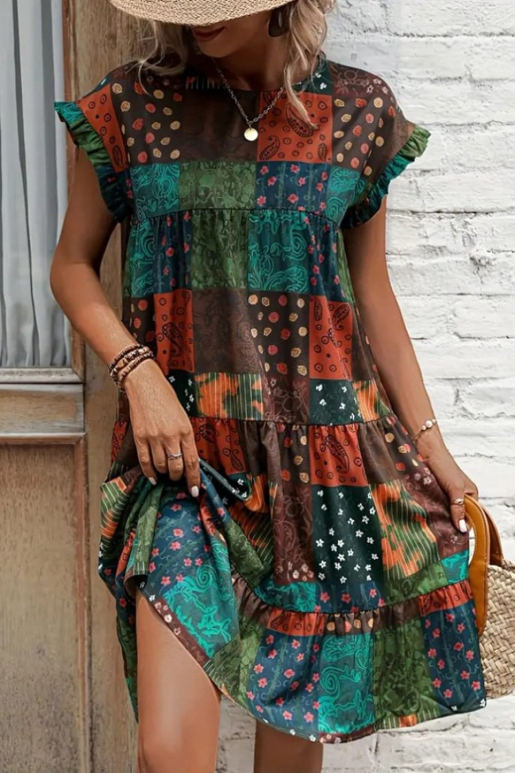 Women's Short Sleeve Ruffled Crew Neck Square Pattern Dress - Janes - Globality Store - Women Clothes Wholesale Turkey