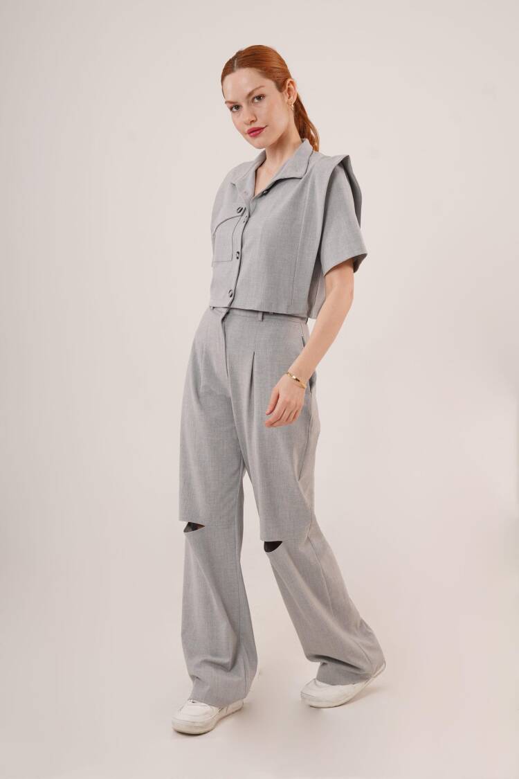 Buttoned Blouse With Pockets And Knee Detailed Pants Gray Wholesale Two Piece Suit
