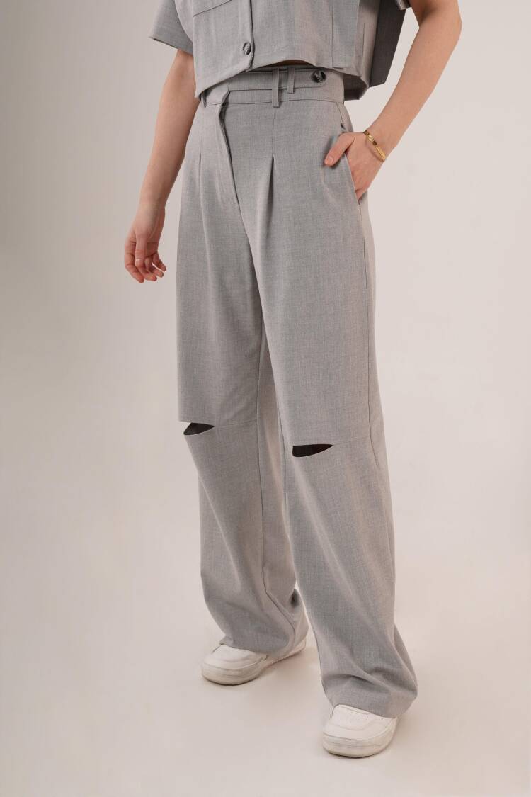 Buttoned Blouse With Pockets And Knee Detailed Pants Gray Wholesale Two Piece Suit