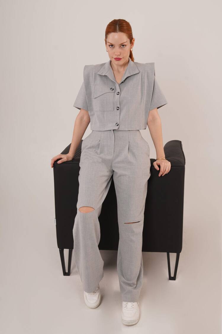 Buttoned Blouse With Pockets And Knee Detailed Pants Gray Wholesale Two Piece Suit