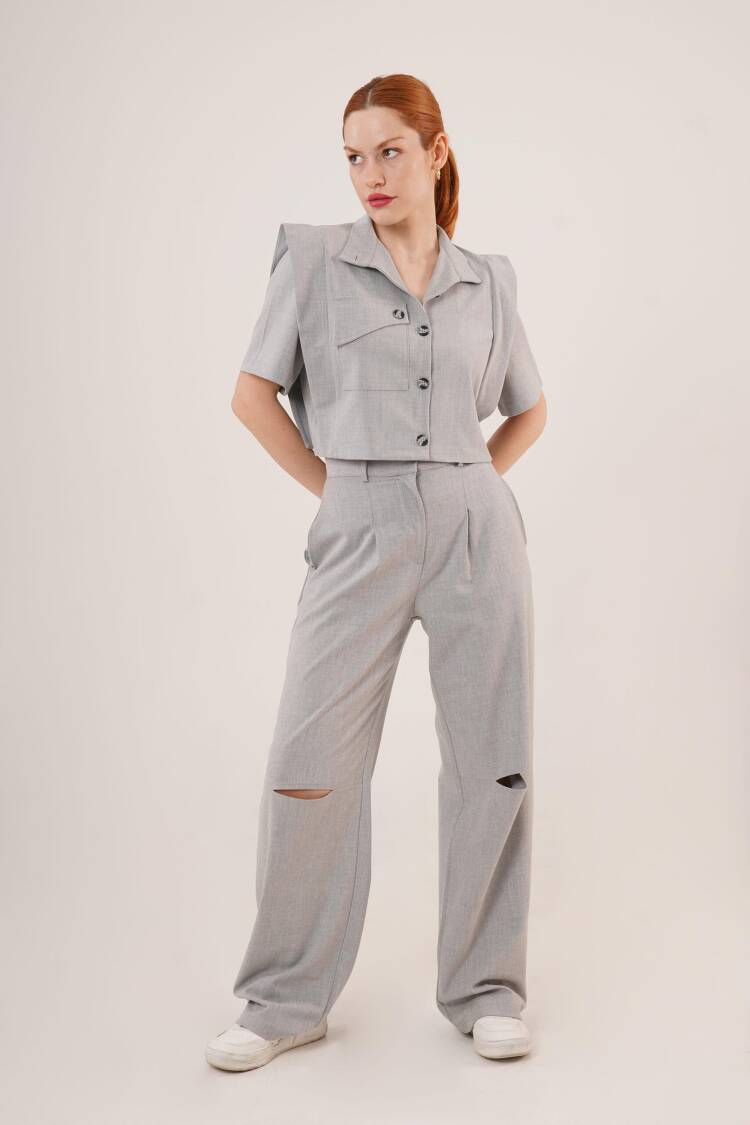 Buttoned Blouse With Pockets And Knee Detailed Pants Gray Wholesale Two Piece Suit - Lustrin - Globality Store - Women Clothes Wholesale Turkey