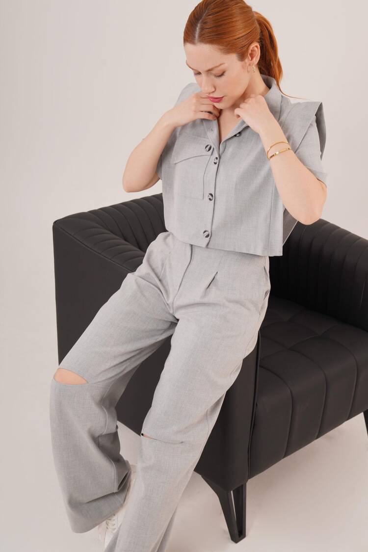 Buttoned Blouse With Pockets And Knee Detailed Pants Gray Wholesale Two Piece Suit