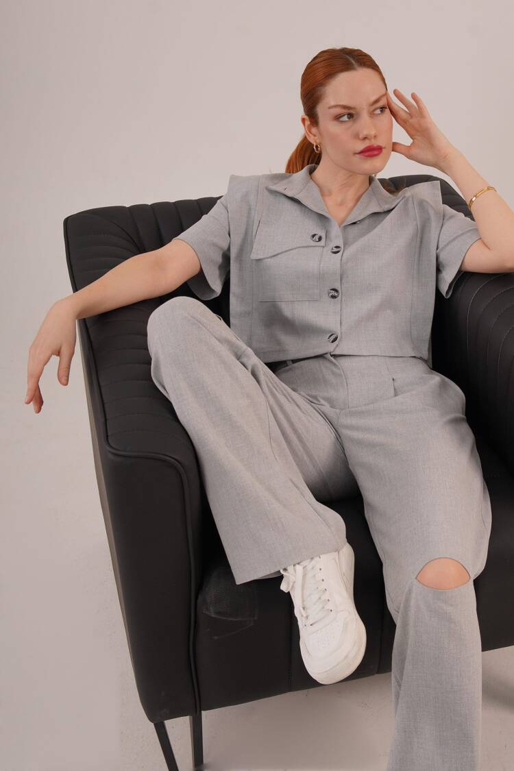 Buttoned Blouse With Pockets And Knee Detailed Pants Gray Wholesale Two Piece Suit
