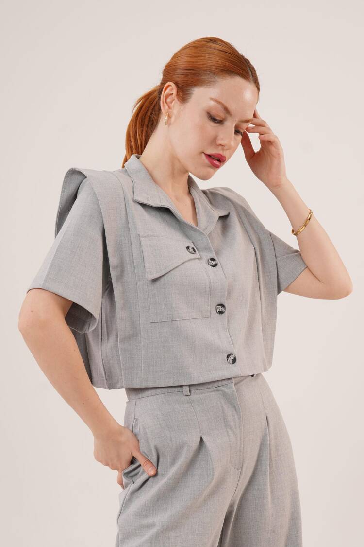 Buttoned Blouse With Pockets And Knee Detailed Pants Gray Wholesale Two Piece Suit
