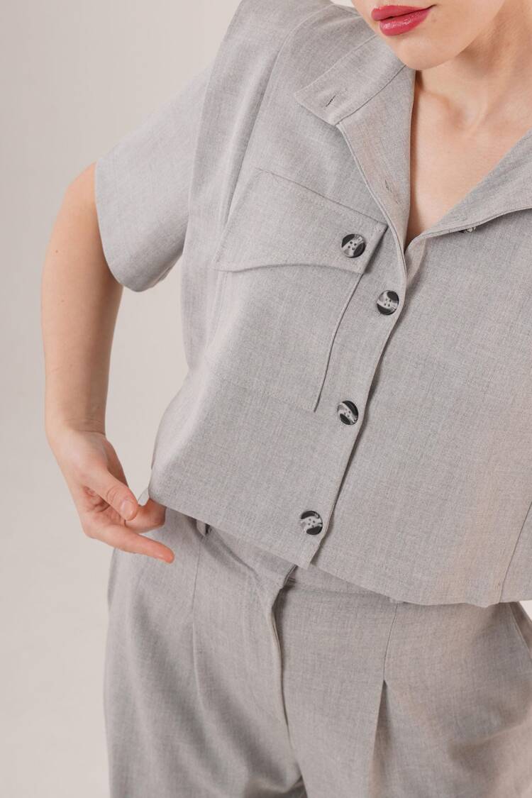 Buttoned Blouse With Pockets And Knee Detailed Pants Gray Wholesale Two Piece Suit