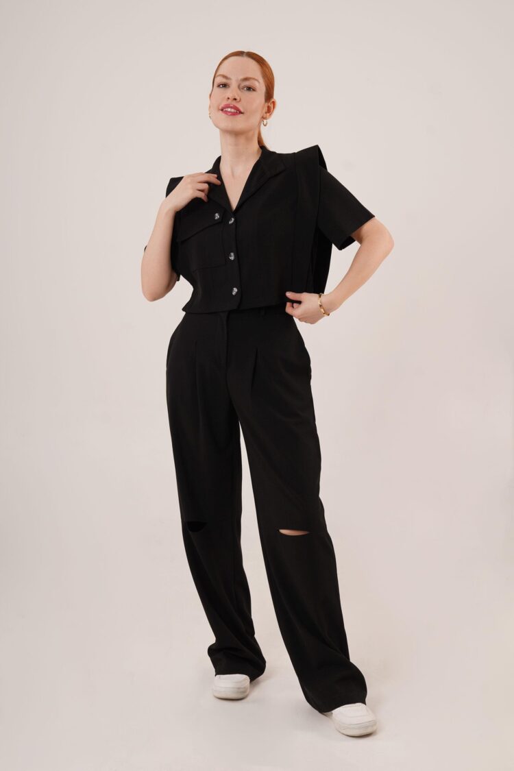 Pocket Buttoned Blouse And Knee Detailed PantsWholesale Two Piece Suit - Lustrin - Globality Store - Women Clothes Wholesale Turkey