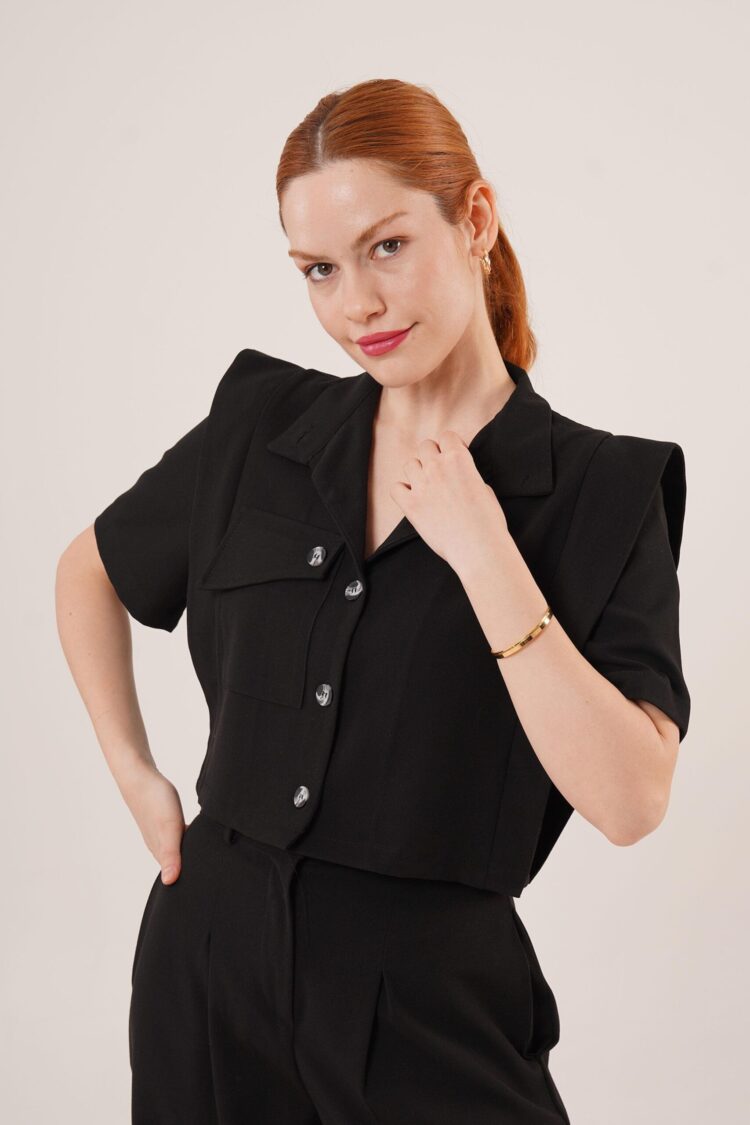 Pocket Buttoned Blouse And Knee Detailed PantsWholesale Two Piece Suit