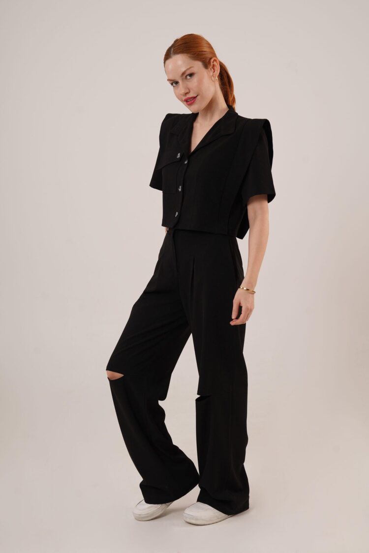 Pocket Buttoned Blouse And Knee Detailed PantsWholesale Two Piece Suit