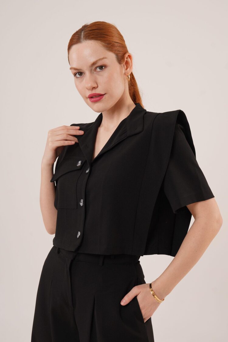 Pocket Buttoned Blouse And Knee Detailed PantsWholesale Two Piece Suit