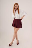 Front Pleated Side Drawstring Detailed Wholesale Burgundy Mini Shorts Skirt - Lustrin - Globality Store - Women Clothes Wholesale Turkey