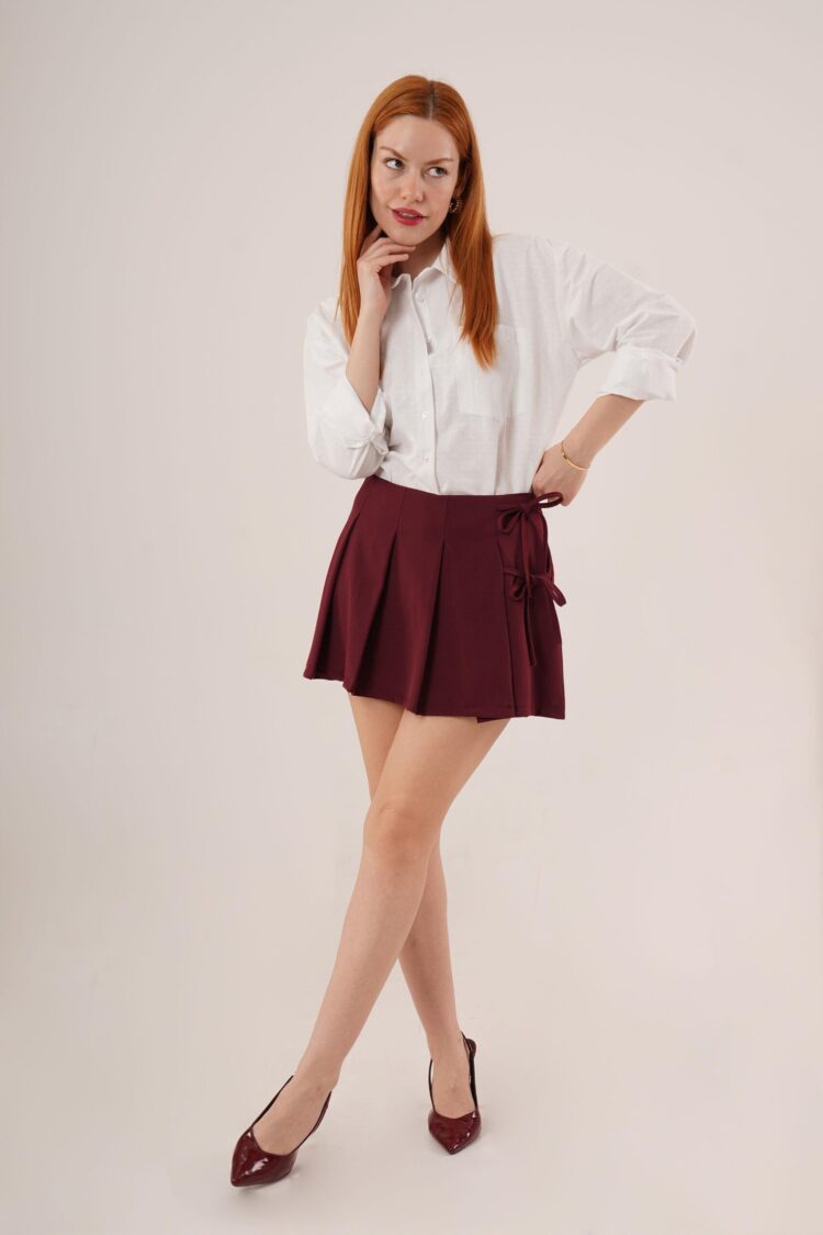 Front Pleated Side Drawstring Detailed Wholesale Burgundy Mini Shorts Skirt
