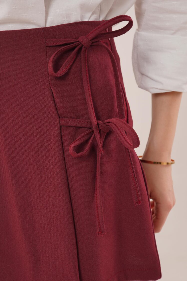 Front Pleated Side Drawstring Detailed Wholesale Burgundy Mini Shorts Skirt