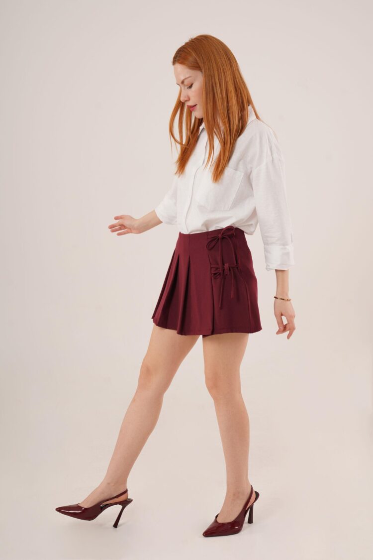 Front Pleated Side Drawstring Detailed Wholesale Burgundy Mini Shorts Skirt