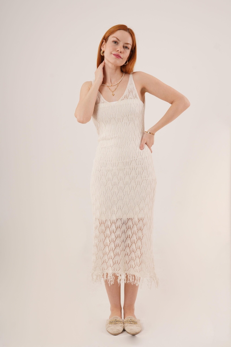 Openwork V Neck Tassel Detailed WholesaleDress