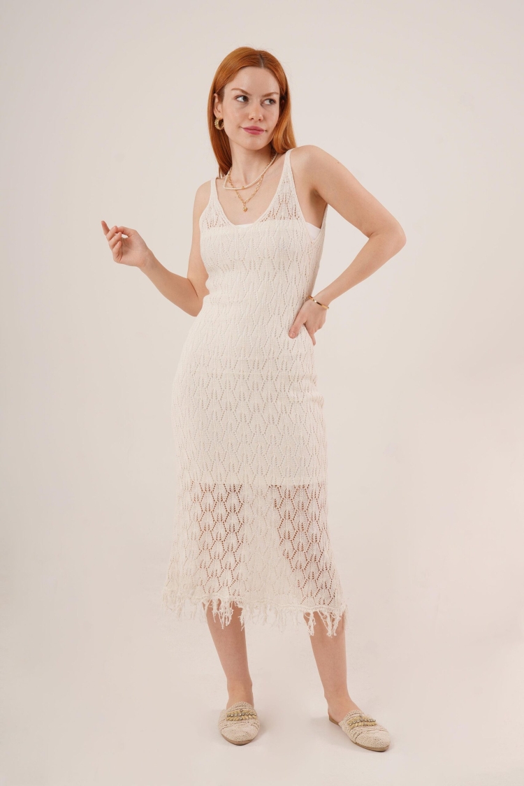 Openwork V Neck Tassel Detailed WholesaleDress