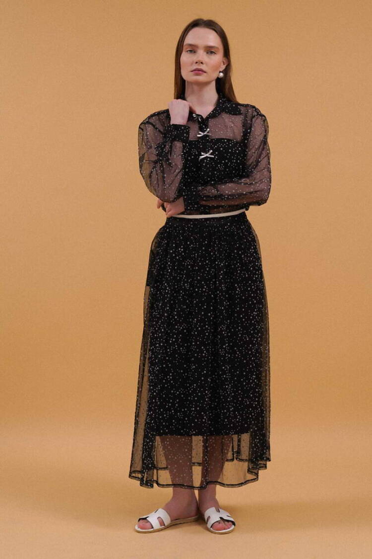 Bow Detailed Polka Dot Skirt - Black
