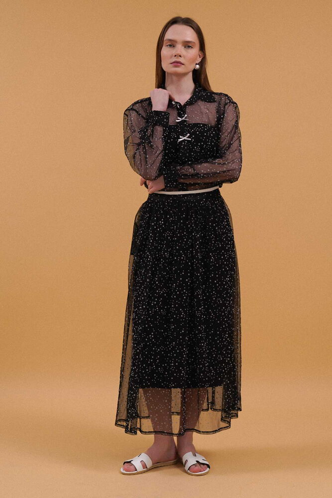 Bow Detailed Polka Dot Skirt - Black