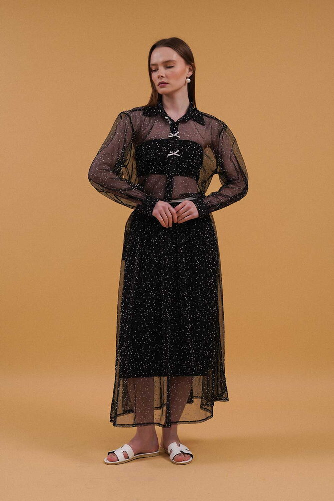 Bow Detailed Polka Dot Skirt - Black