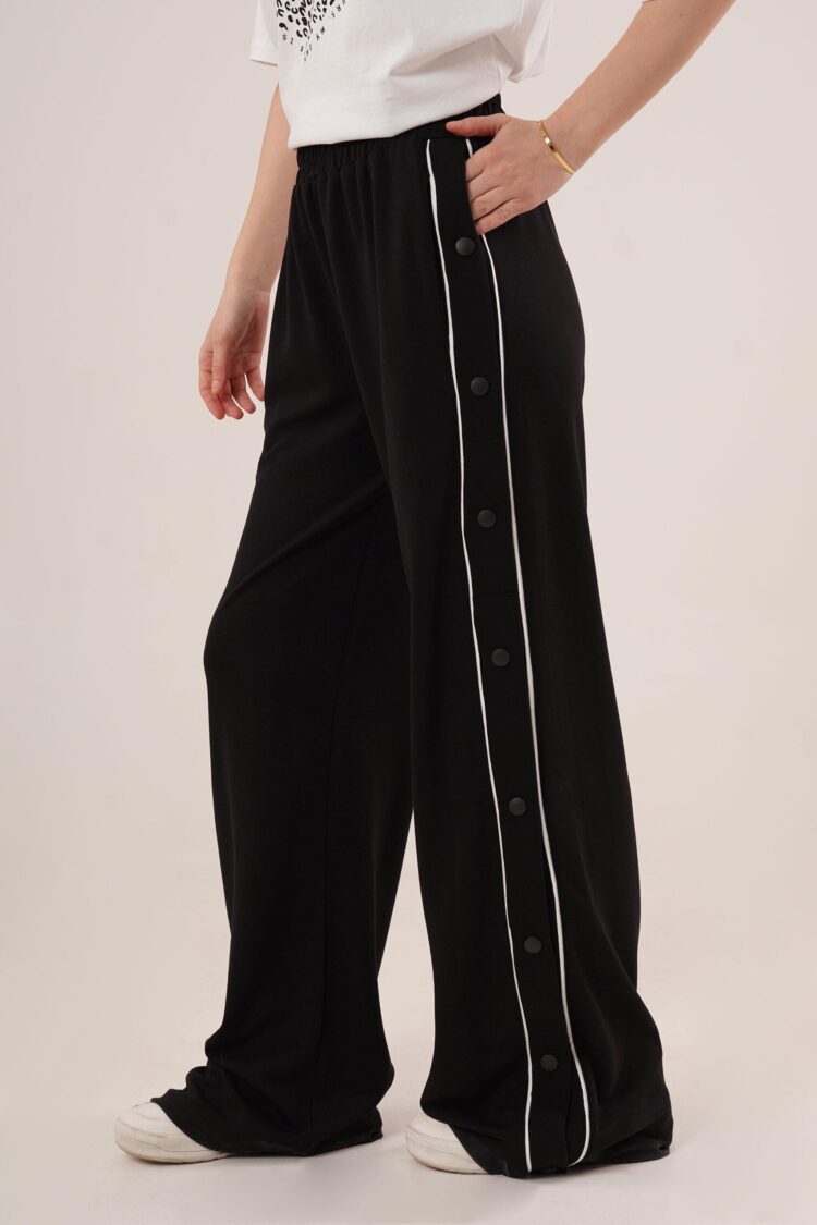 Elastic Waist Wide Leg Sweatpants With Half-Length Snap - Black - Lustrin - Globality Store - Women Clothes Wholesale Turkey