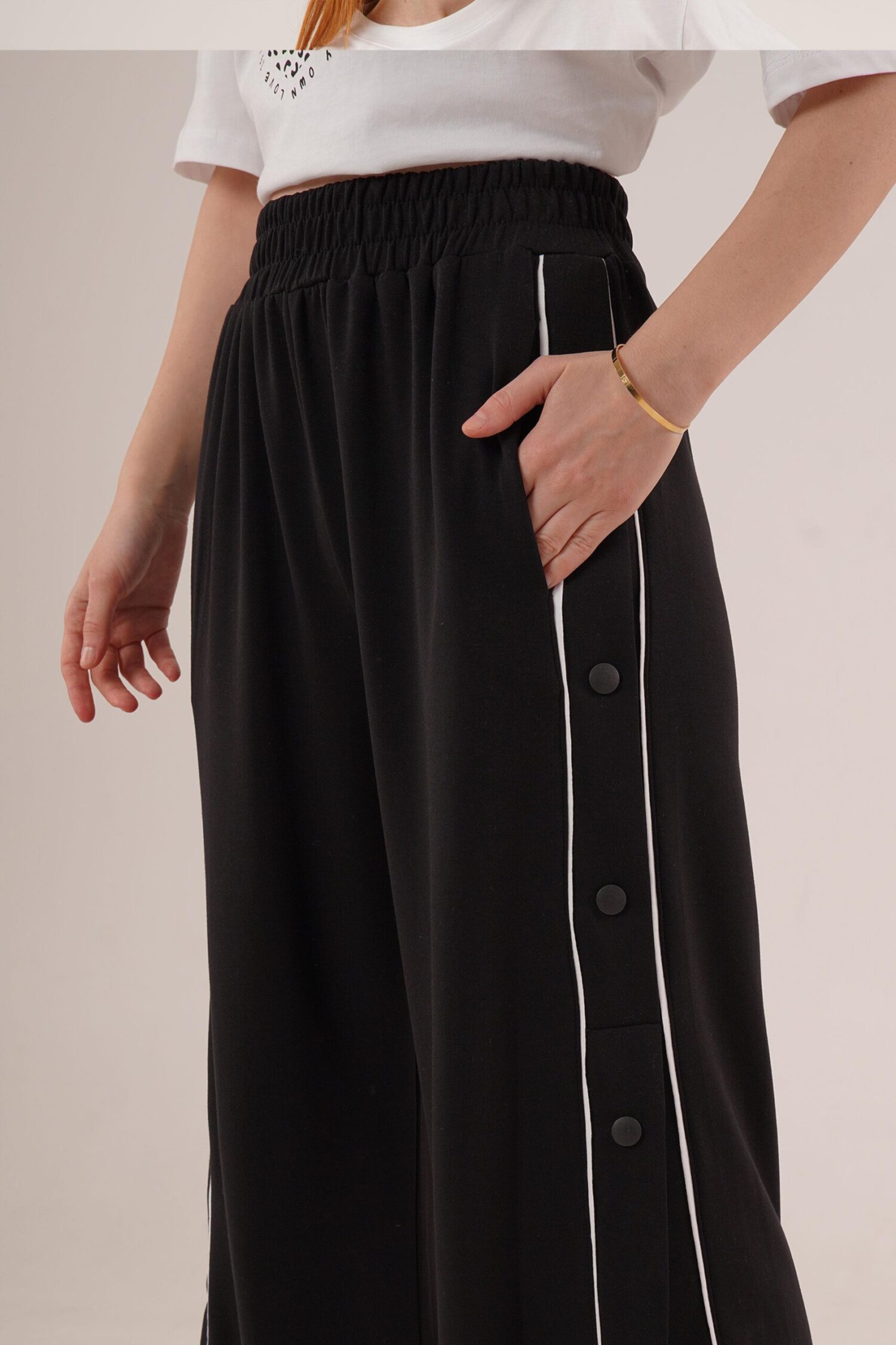 Elastic Waist Wide Leg Sweatpants With Half-Length Snap - Black - Lustrin - Globality Store - Women Clothes Wholesale Turkey