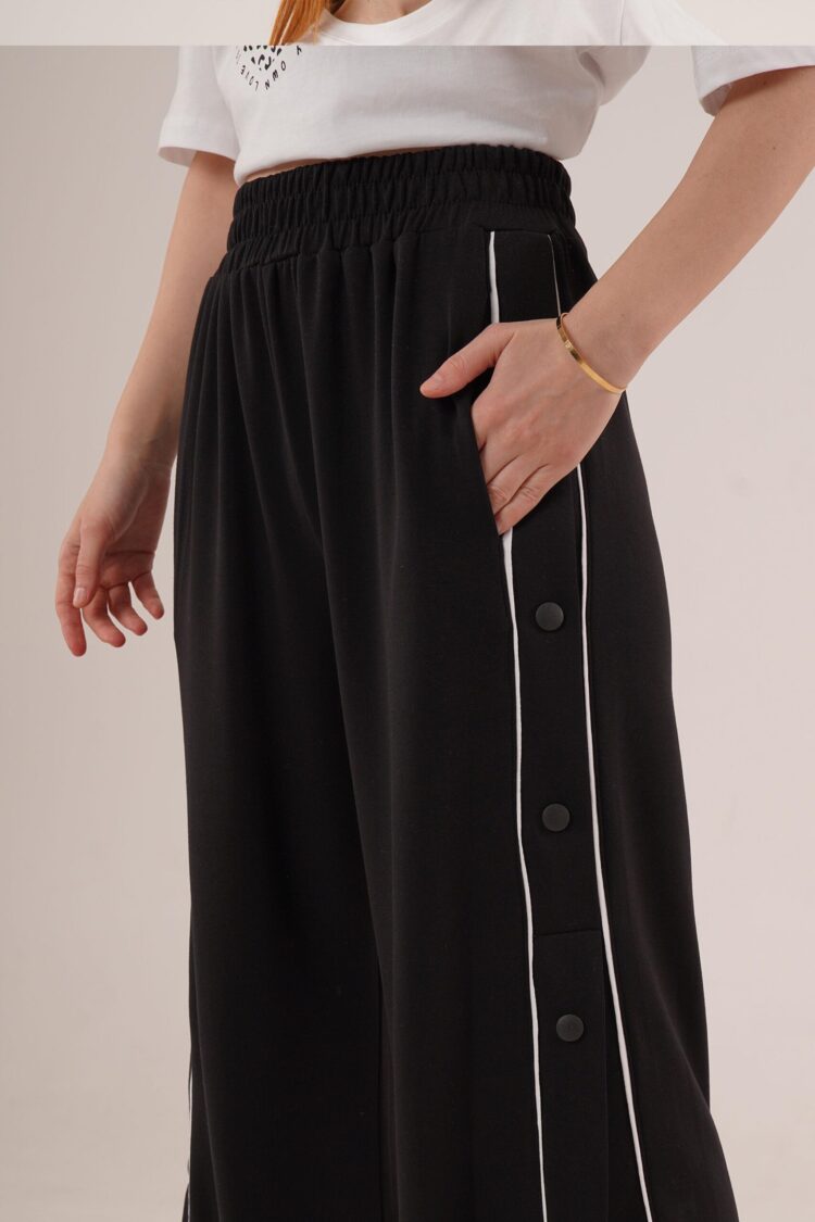 Elastic Waist Wide Leg Sweatpants With Half-Length Snap - Black