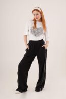 Elastic Waist Wide Leg Sweatpants With Half-Length Snap - Black - Lustrin - Globality Store - Women Clothes Wholesale Turkey