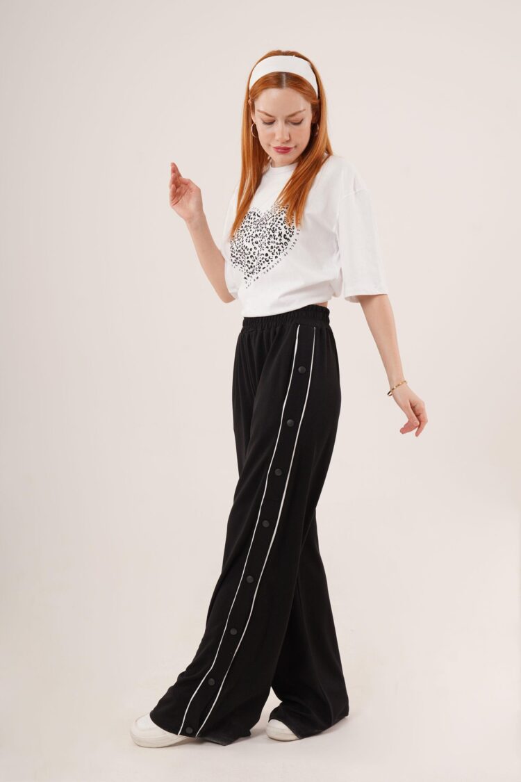 Elastic Waist Wide Leg Sweatpants With Half-Length Snap - Black