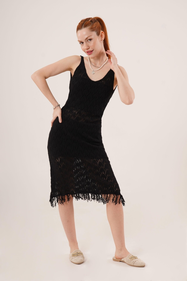 Openwork V Neck Tassel DetailedWholesale Dress - Lustrin - Globality Store - Women Clothes Wholesale Turkey