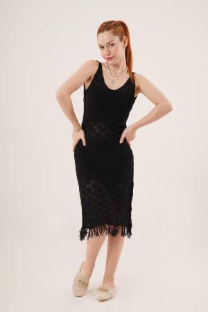 Openwork V Neck Tassel DetailedWholesale Dress - Lustrin - Globality Store - Women Clothes Wholesale Turkey