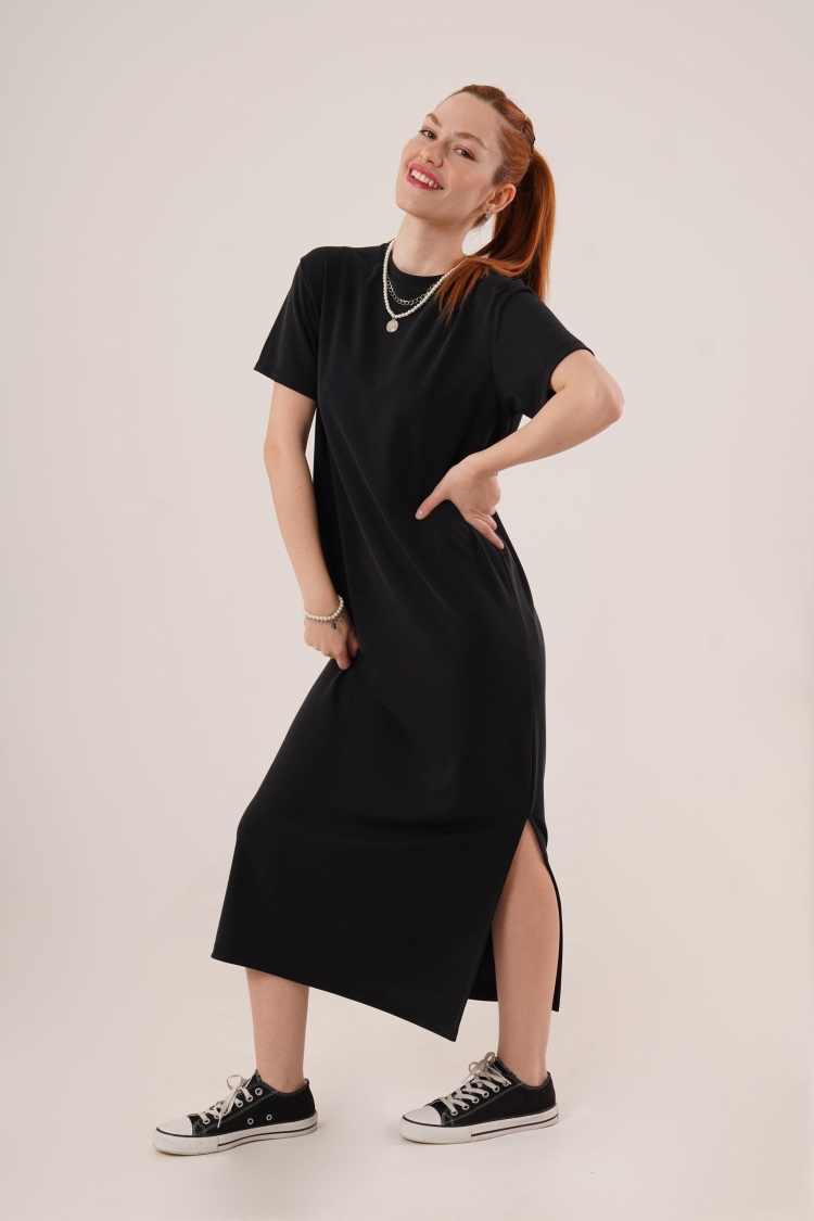 Slit Detailed Short Sleeve Slippery MaxiWholesale Dress