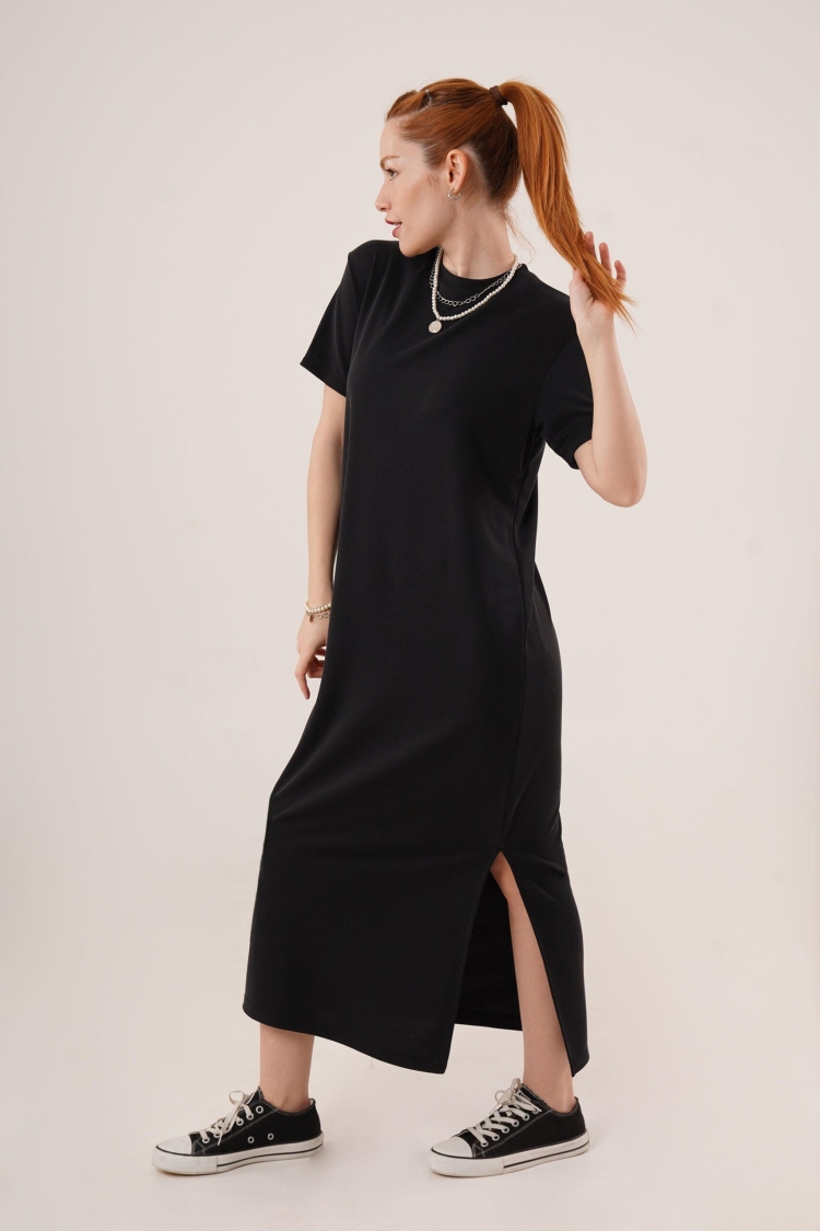 Slit Detailed Short Sleeve Slippery MaxiWholesale Dress