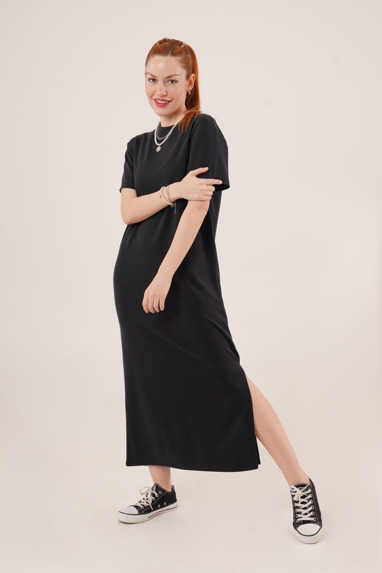 Slit Detailed Short Sleeve Slippery MaxiWholesale Dress - Lustrin - Globality Store - Women Clothes Wholesale Turkey