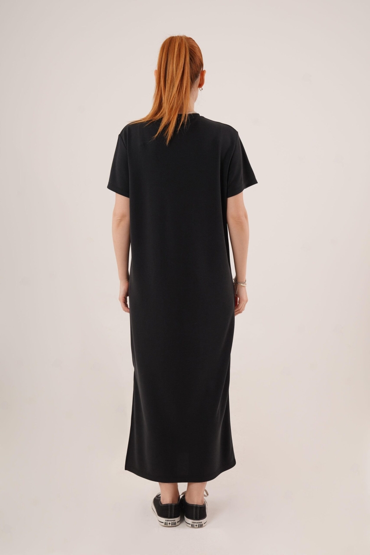 Slit Detailed Short Sleeve Slippery MaxiWholesale Dress