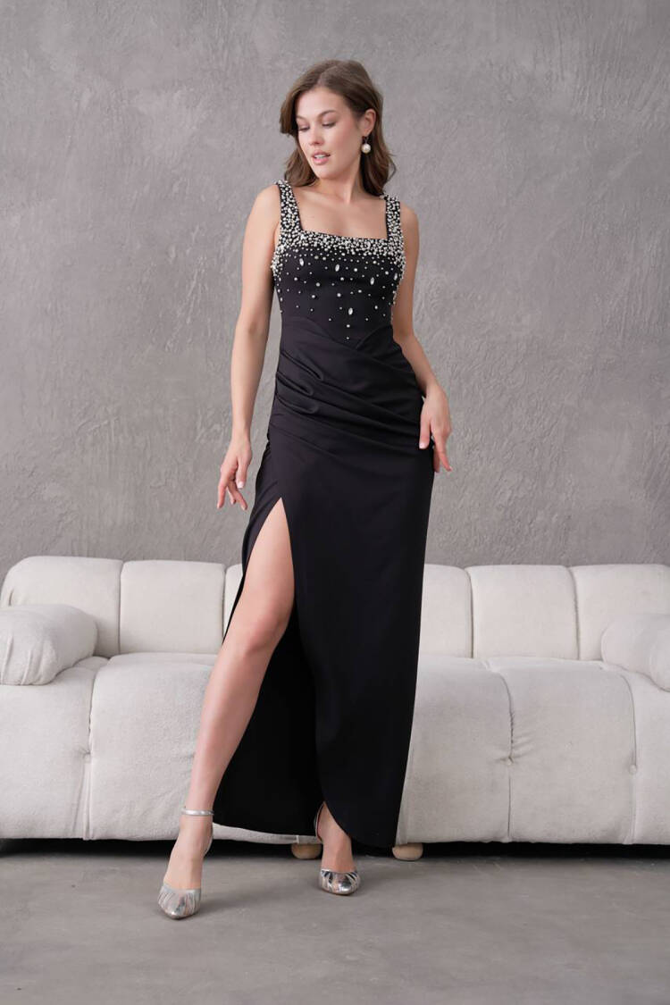 Stone Detailed Strappy Long Evening Dress