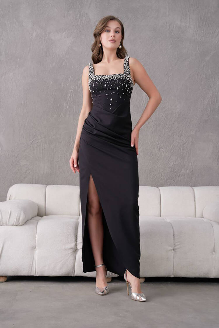 Stone Detailed Strappy Long Evening Dress - Mode Roy - Globality Store - Women Clothes Wholesale Turkey